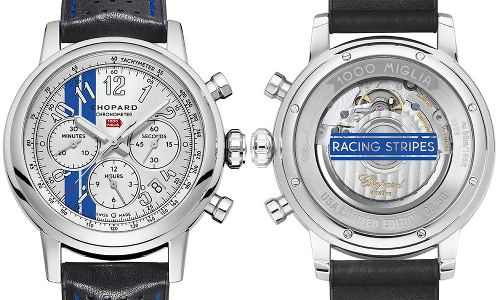 chopard mille miglia classic chronograph racing stripes closeup dial and caseback